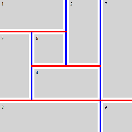 На изображении демонстрация наложения Gap Decorations: сначала будут отрисованы вертикальные разделители, а уже поверх них &ndash; горизонтальные