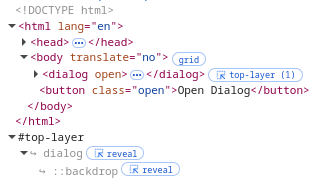 На изобаржении представлены Chrome DevTools с отображеием Top Layer